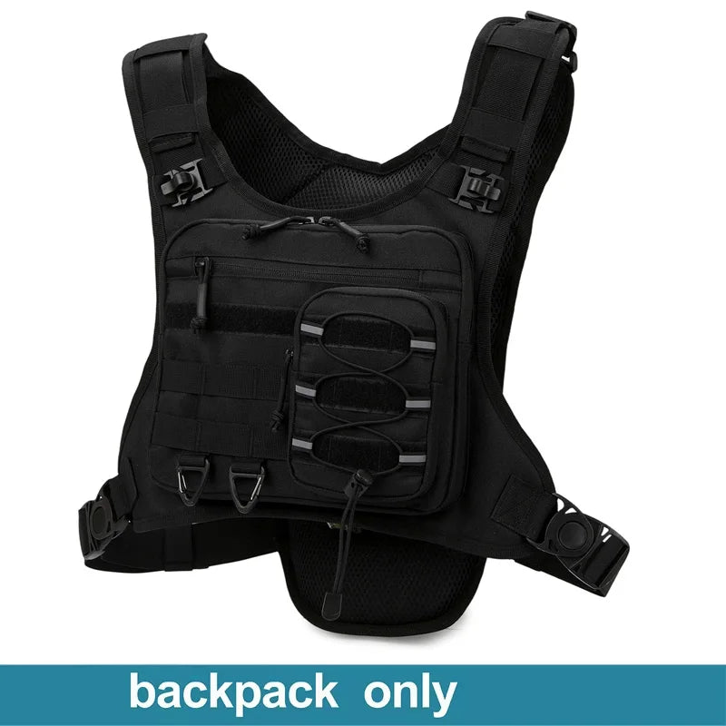 Black hydration vest for running and cycling by Corporación Turística, featuring adjustable straps and hydration pockets.