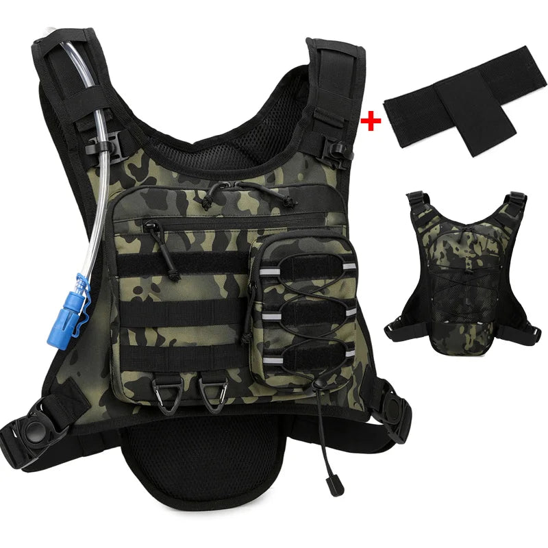 Black hydration running and cycling vest by Corporación Turística with adjustable straps and multiple water bottle pockets.
