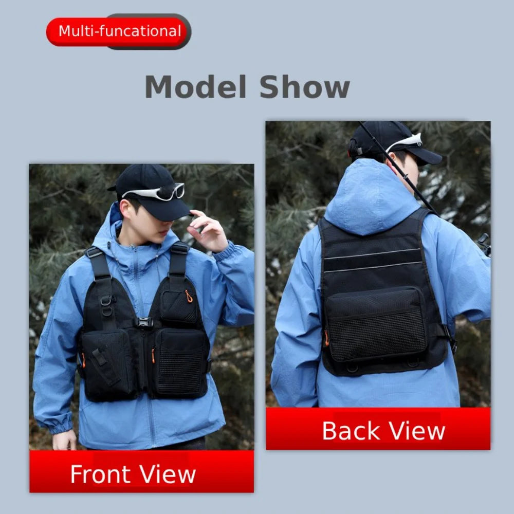 Black tactical fishing vest with fly fishing gear and multiple pockets, designed for camping and outdoor activities for men.