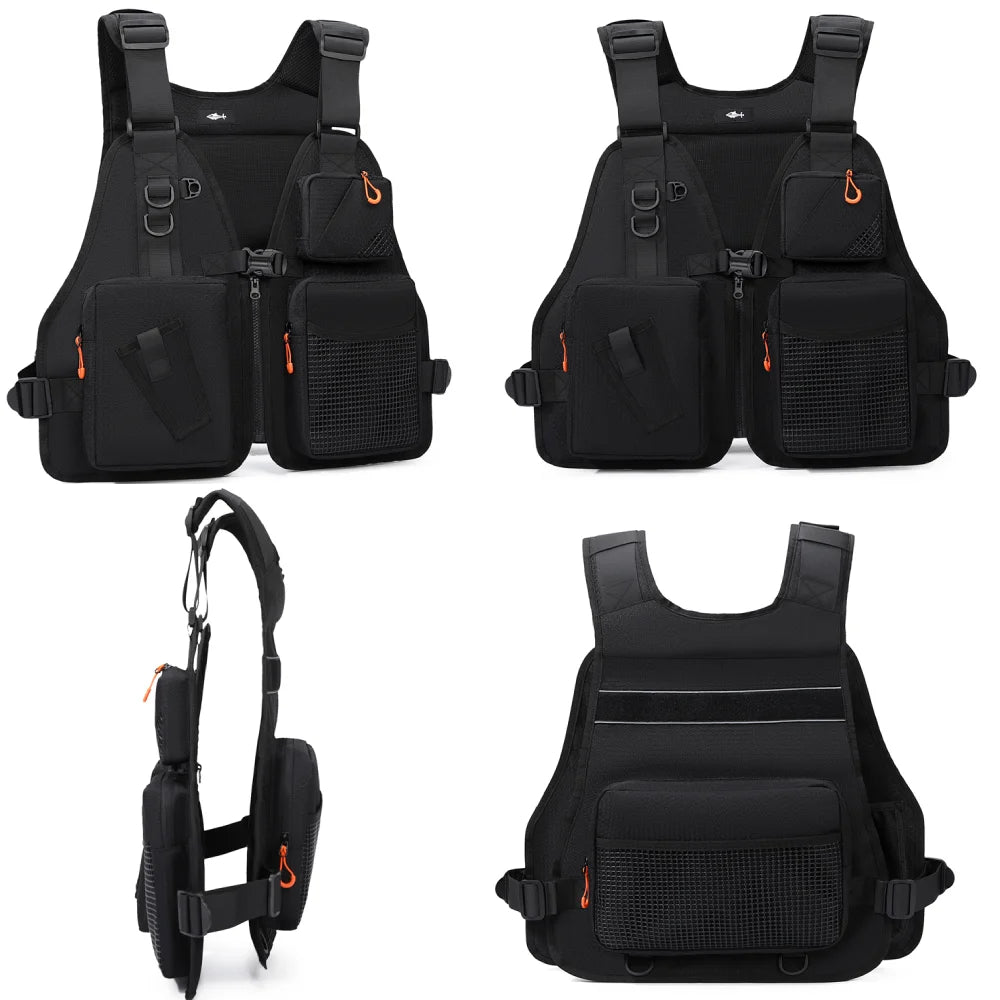 Black tactical fishing vest with multiple pockets and gear for camping, designed for men by Corporación Turística.
