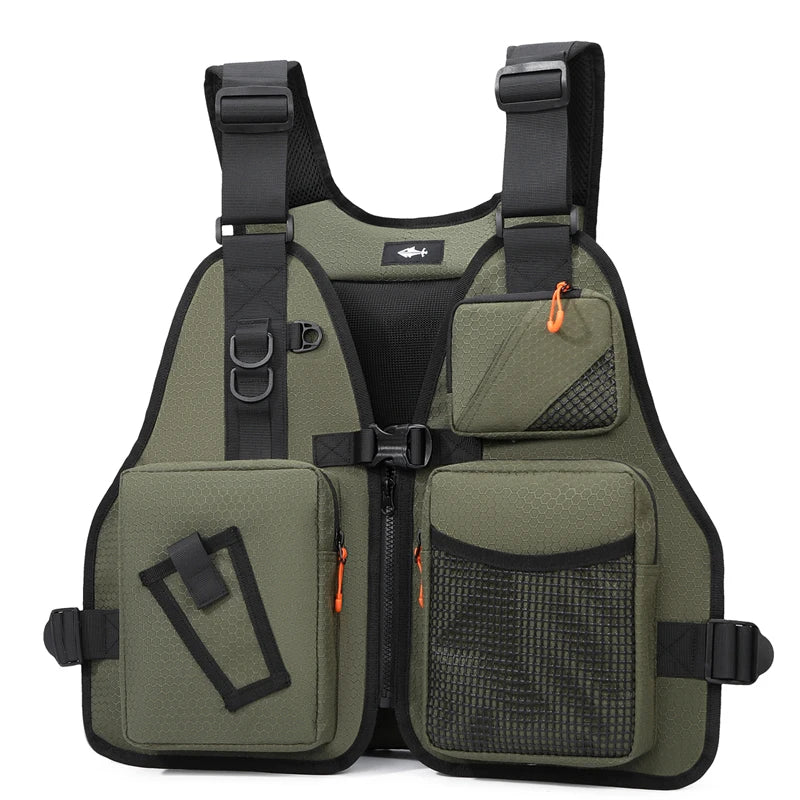 Black tactical fishing vest with multiple pockets and gear for camping, designed for men, by Corporación Turística.