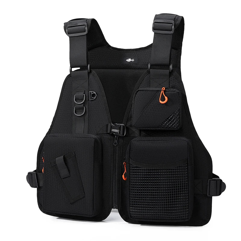 Black tactical fishing vest with multiple pockets for camping and fly fishing, designed for outdoor enthusiasts.