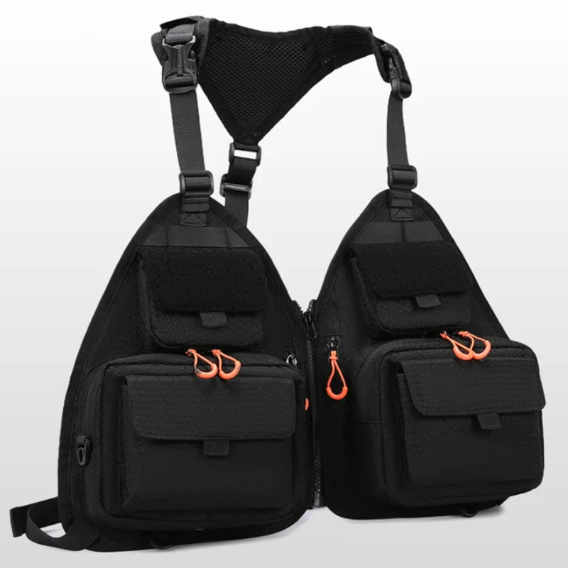 Black tactical fishing and camping vest for men and women, with multiple pockets and adjustable straps, suitable for outdoor activities.