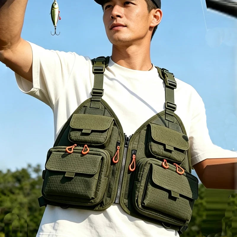 Black tactical fishing and camping vest for men and women by Corporación Turística, featuring multiple pockets and adjustable straps.