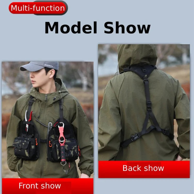 Black tactical fishing and camping vest for men and women with multiple pockets, suitable for outdoor activities.