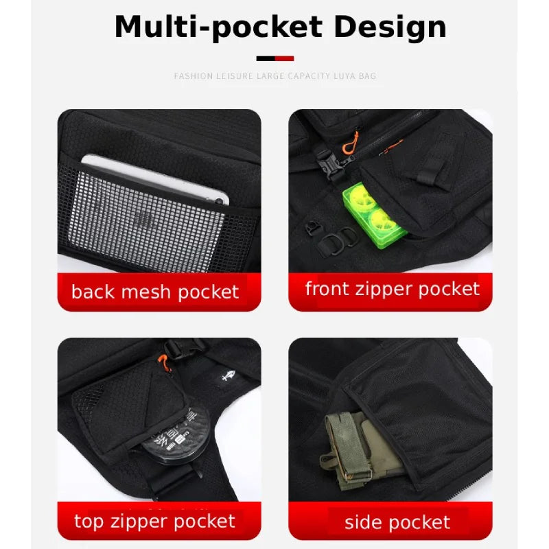 Black tactical fishing and camping vest for men and women by Corporación Turística, featuring multiple pockets and adjustable straps