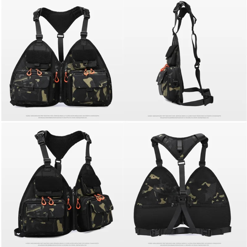 Black tactical fishing and camping vest for men and women, with multiple pockets and adjustable straps, by Corporación Turística.