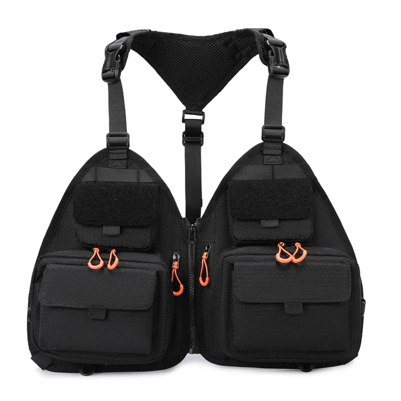 Black tactical fishing and camping vest for men and women, with multiple pockets and adjustable straps, from Corporación Turística.