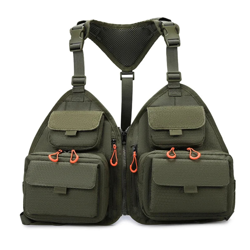 Black tactical fishing and camping vest for men and women, featuring multiple pockets and adjustable straps by Corporación Turística.