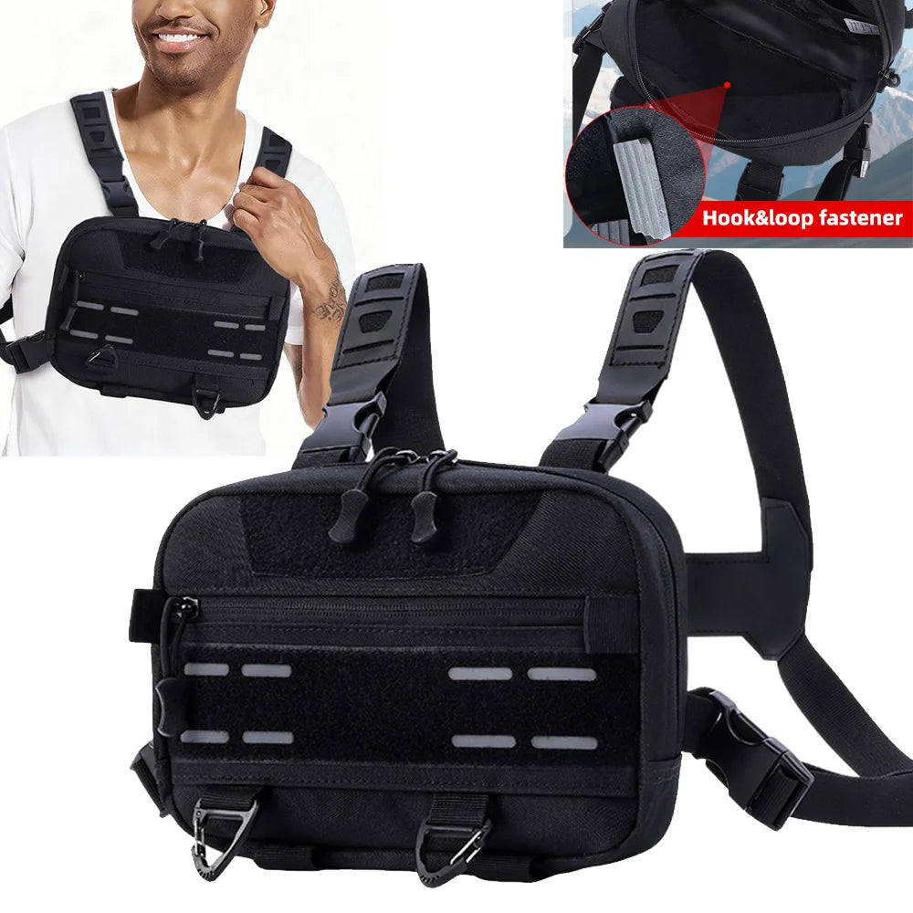 Black tactical vest with front chest pouch, backpack, and waist pouch from Corporación Turística, designed for outdoor activities.