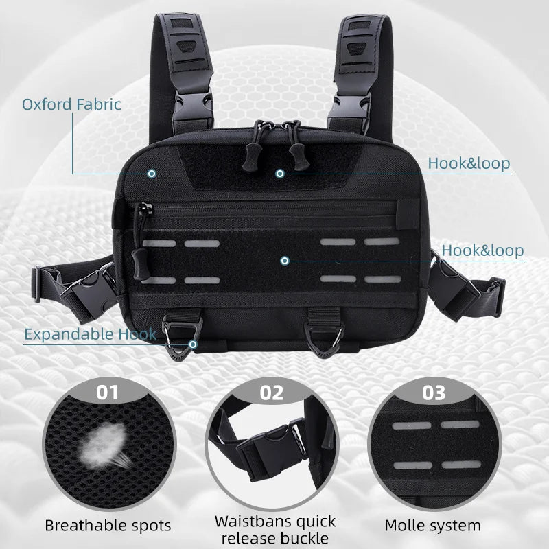Black tactical vest with front chest pocket, adjustable straps, and attached backpack and waist pouch for outdoor activities.