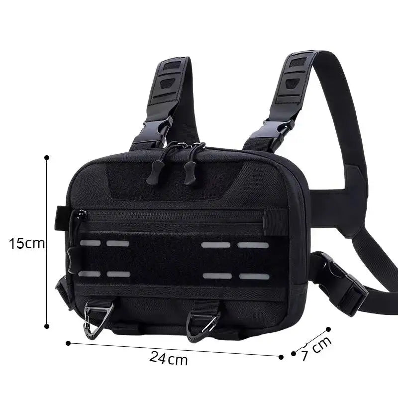 Black tactical vest with front pouch, chest bag, backpack, and waist pouch, designed for outdoor and tactical use by Corporación Turística.