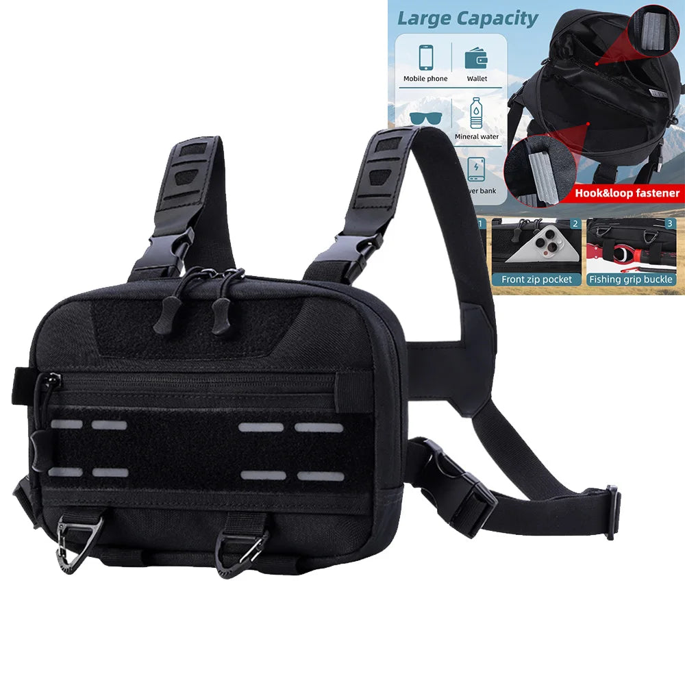 Black tactical vest with front pouch, chest bag, backpack, and waist pouch, designed for outdoor and tactical use by Corporación Turística.