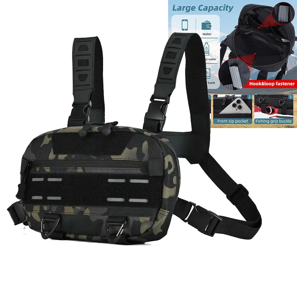 Black tactical vest with front chest pocket, backpack, and waist pouch from Corporación Turística, designed for outdoor or tactical use.