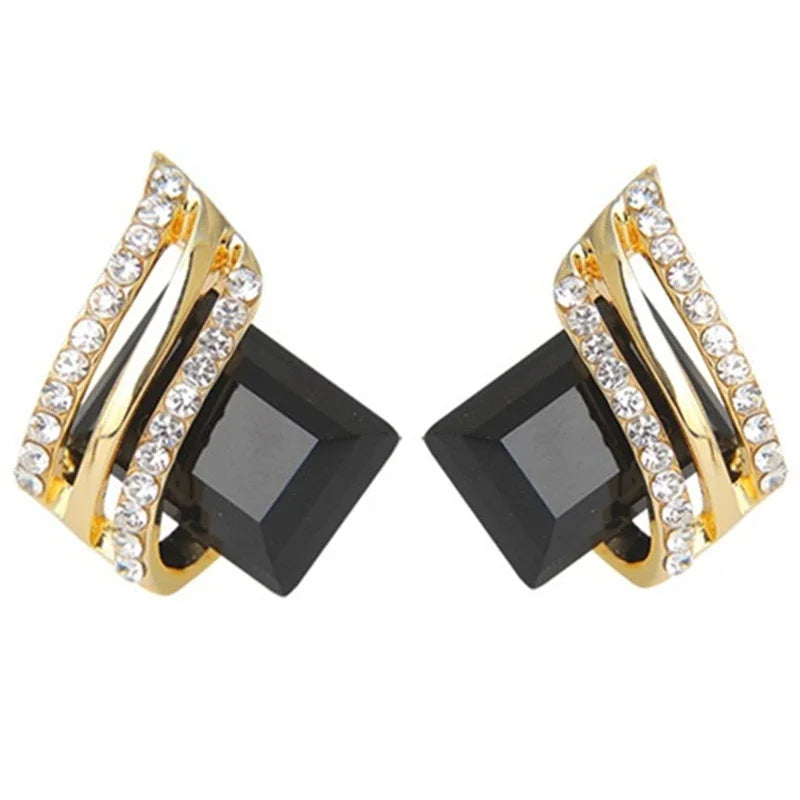 Black crystal zircon diamond-shaped wing earrings for women, featuring elegant geometric design by Corporación Turística
