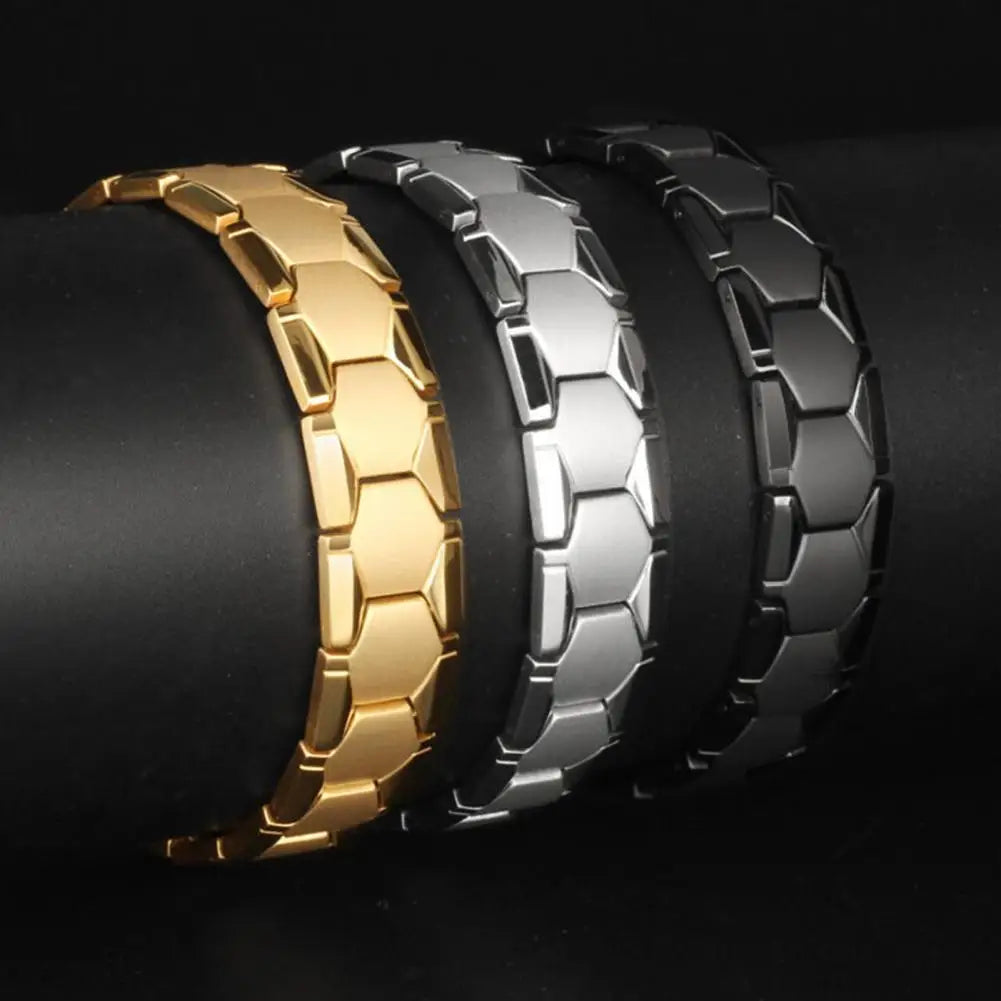 Magnetic alloy therapy bracelet for men by Corporación Turística, black men's bracelet with sleek design and magnetic therapy features.