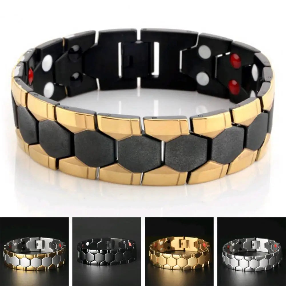 Black magnetic alloy therapy bracelet for men, featuring a sleek design and adjustable fit, by Corporación Turística.