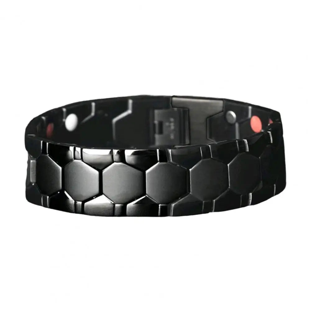 Magnetic alloy therapy bracelet for men, black metal design, stylish accessory for health benefits, by Corporación Turística.