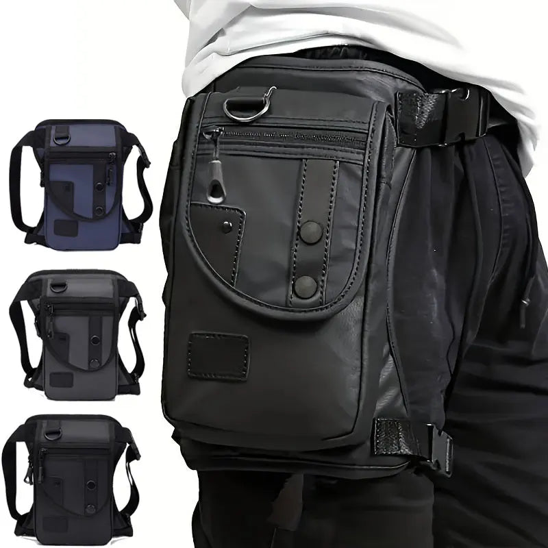 Black men's waist bag and leg pouch from Corporación Turística, utility belt with adjustable strap for travel and everyday use.