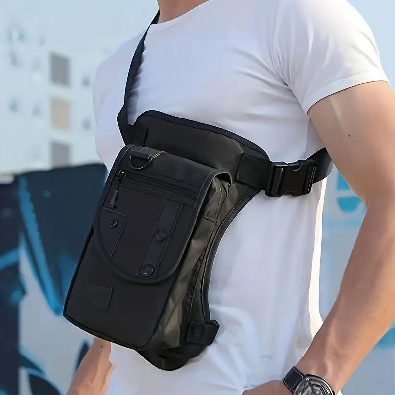 Black men's waist bag, leg pouch, and utility belt by Corporación Turística, with adjustable straps and durable material.