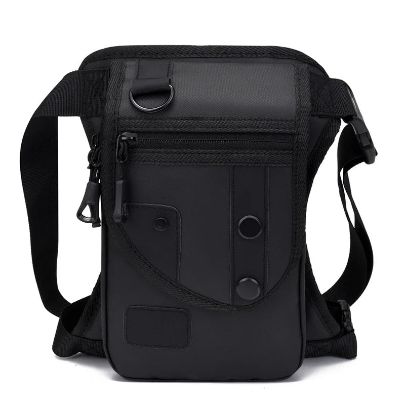 Black men's utility waist bag with leg strap, designed for hands-free carrying and secure storage.