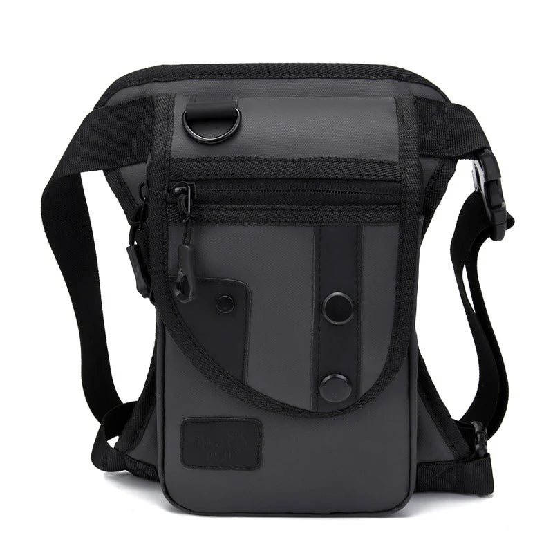 Black men's waist bag and leg pouch from Corporación Turística, utility belt with adjustable strap and multiple compartments.