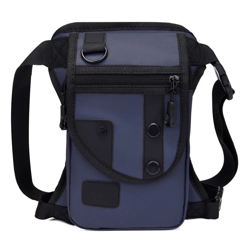 Black men's utility waist bag with leg strap, designed for hands-free carrying and outdoor activities by Corporación Turística.