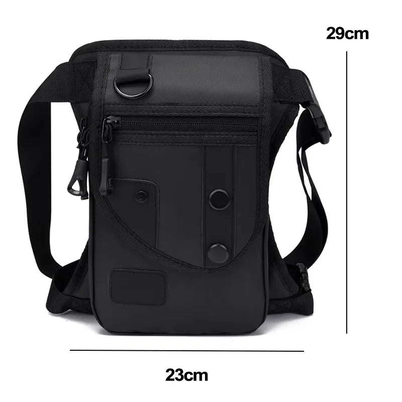Black men's waist bag and leg pouch from Corporación Turística, utilitarian belt bag with adjustable straps for outdoor use.