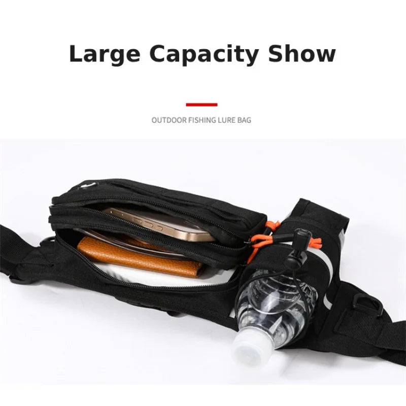 Black tactical waist bag for men from Corporación Turística, suitable for running and motorcycle riding.