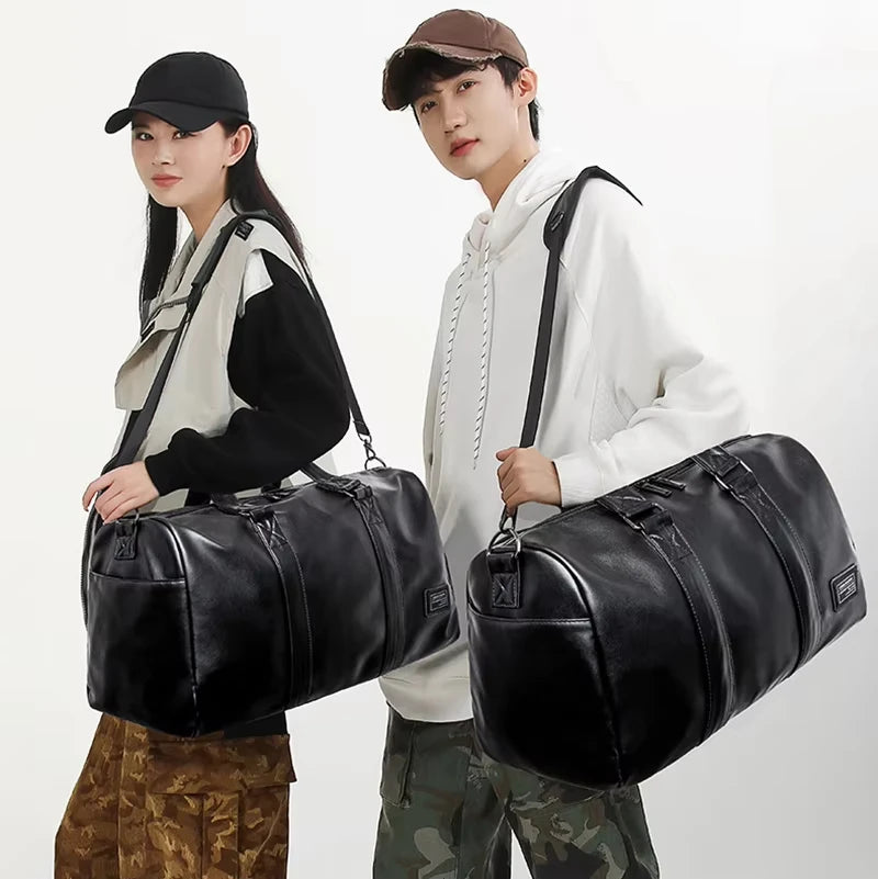 Black men's gym bag made of PU with crossbody shoulder strap, featuring multiple compartments and durable design.