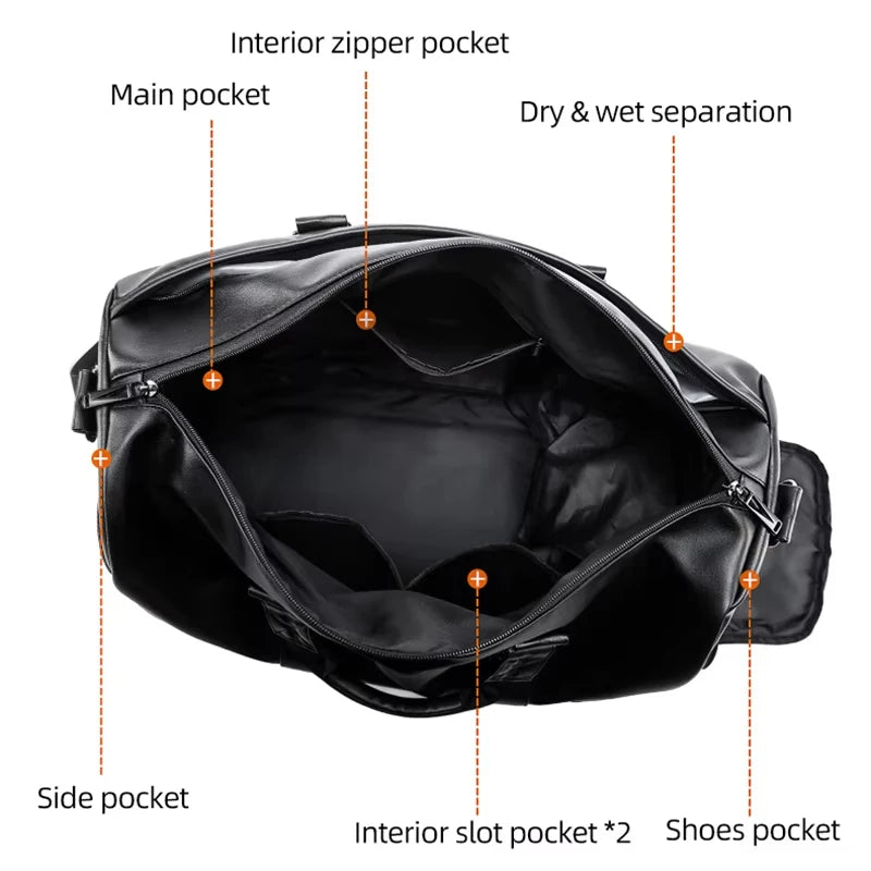Black PU gym bag for men by Corporación Turística, shoulder crossbody style with adjustable strap and spacious interior.