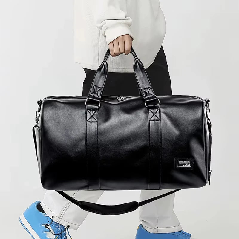 Black PU gym bag for men by Corporación Turística, crossbody shoulder bag with adjustable strap and multiple compartments.
