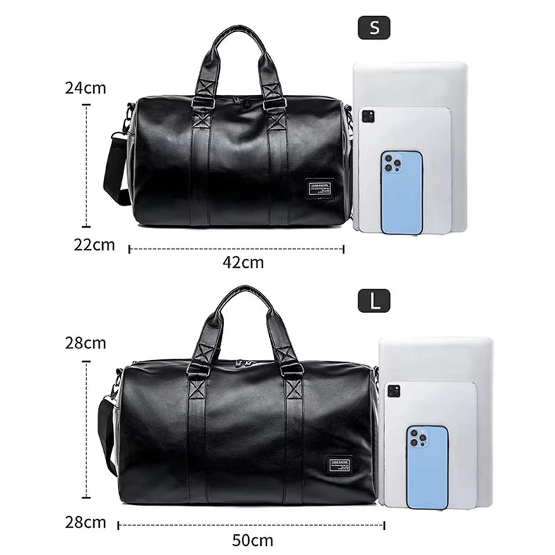 Black PU gym bag for men by Corporación Turística, shoulder crossbody sports bag with adjustable strap and multiple compartments.