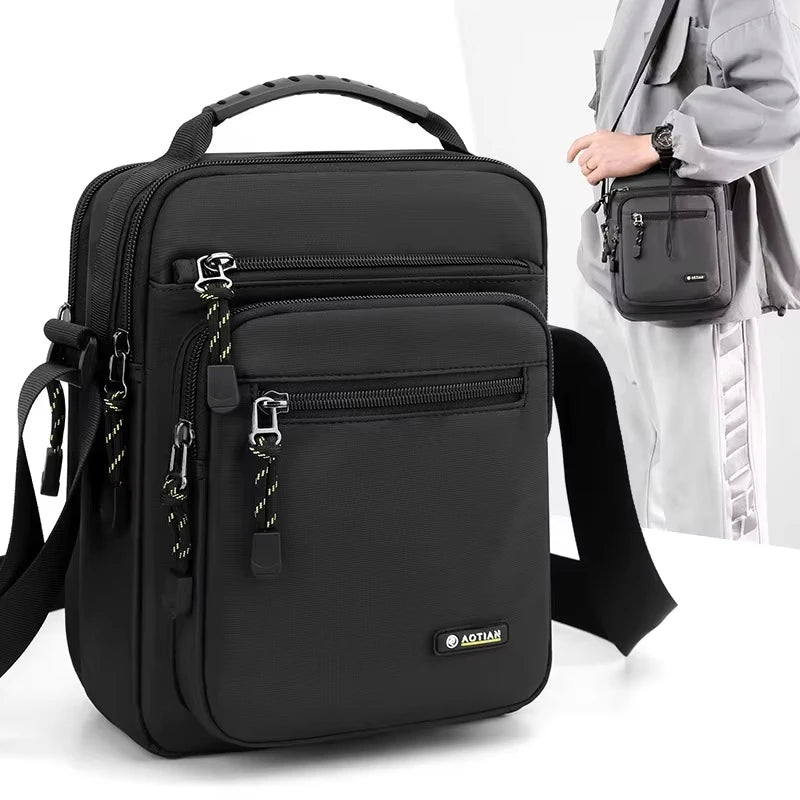 Black men's shoulder bag from Corporación Turística, suitable for camping and hiking, with adjustable strap and outdoor design.