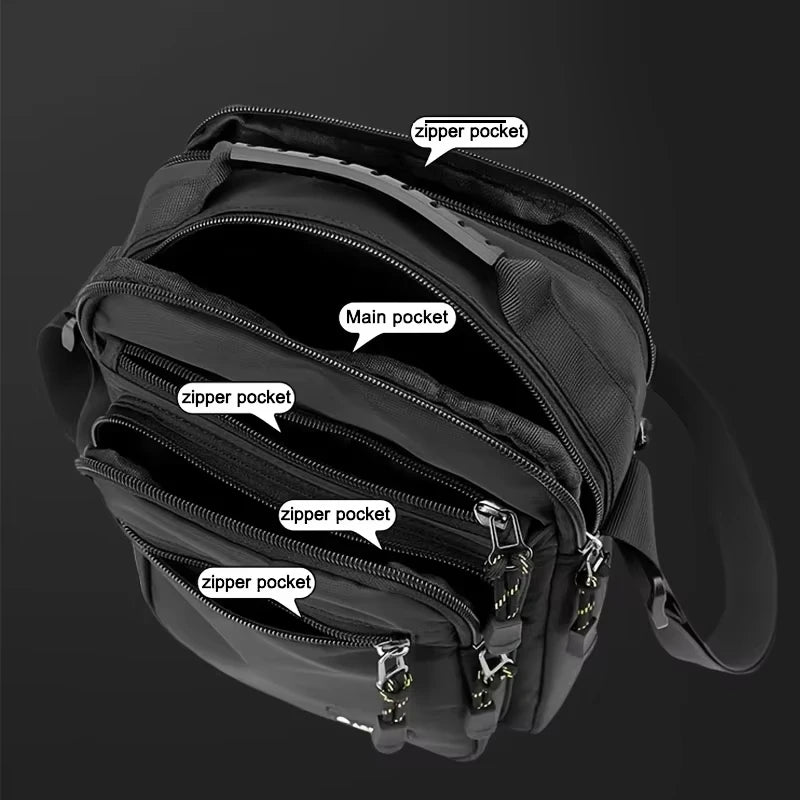 Black men's shoulder bag for camping and hiking by Corporación Turística, showing the spacious exterior and adjustable strap.