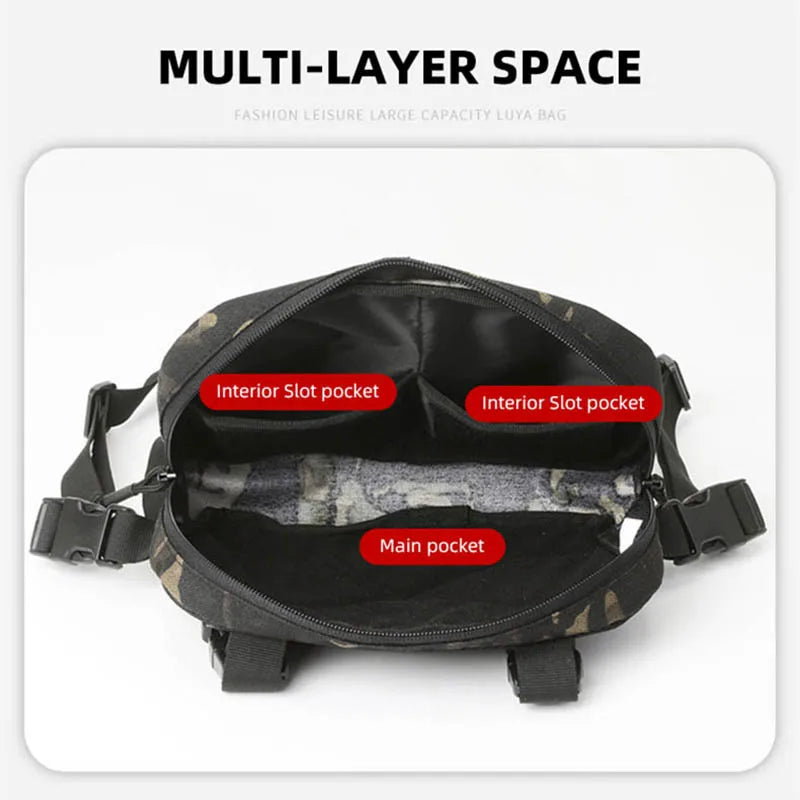 Black tactical chest rig backpack by Corporación Turística with multiple compartments and adjustable straps for outdoor use.