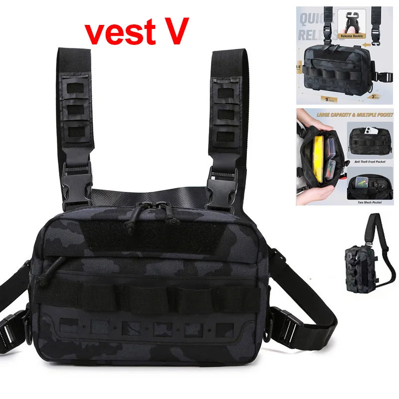 Black tactical chest rig and backpack by Corporación Turística, featuring multiple compartments and adjustable straps.