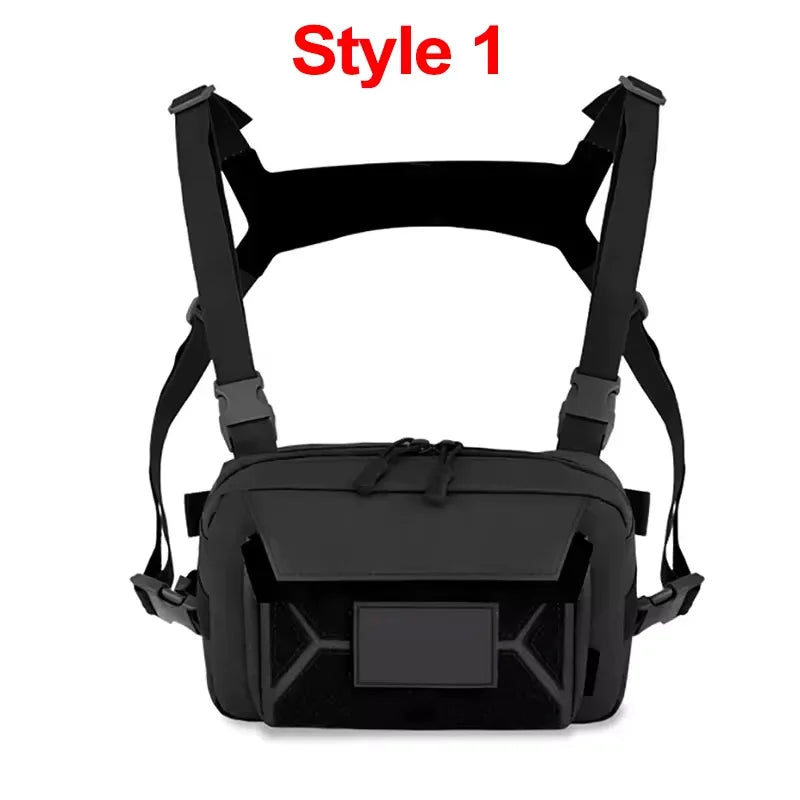 Black tactical chest rig with attached backpack, designed for military or outdoor use, by Corporación Turística.