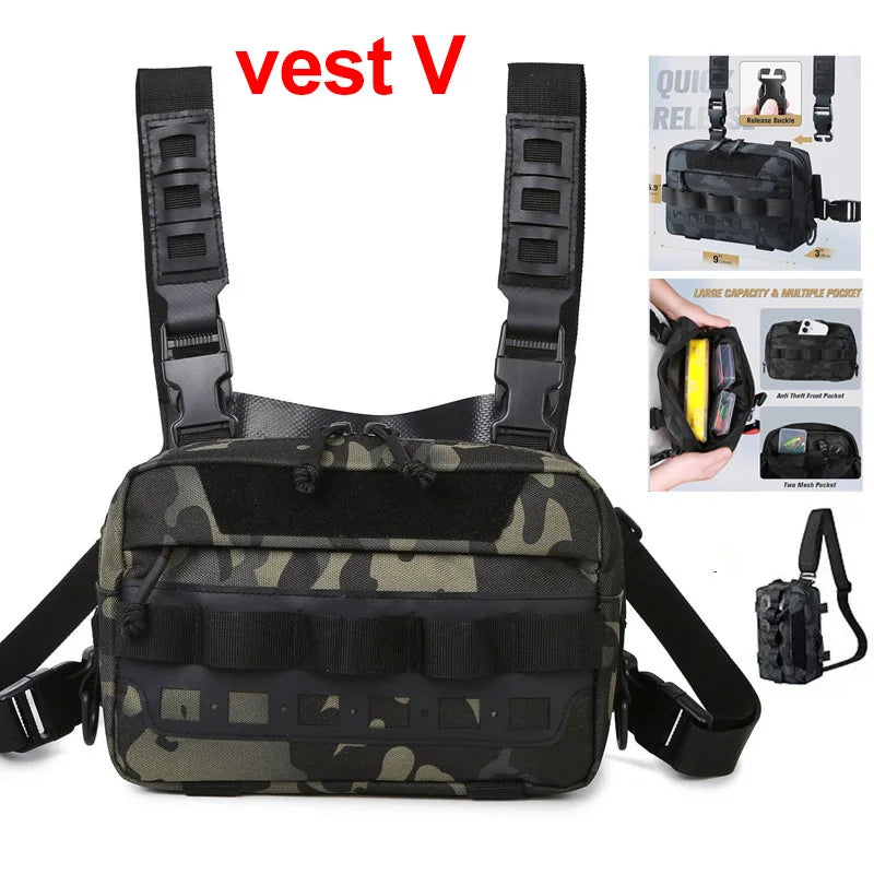Black tactical chest vest bag and backpack from Corporación Turística, designed for military or outdoor use.
