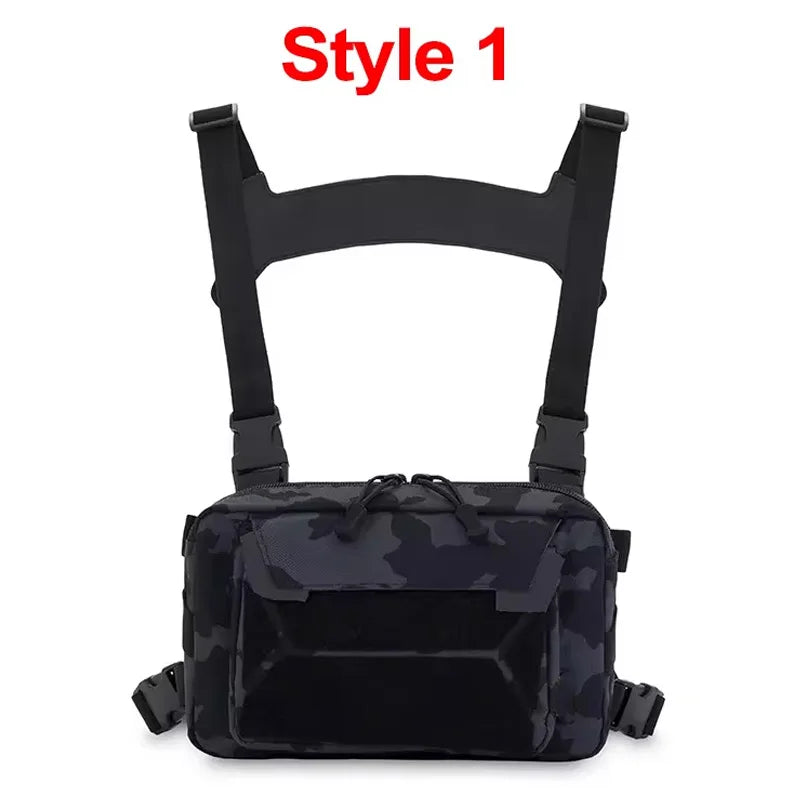 Black tactical chest vest bag and backpack by Corporación Turística, with multiple compartments and adjustable straps.