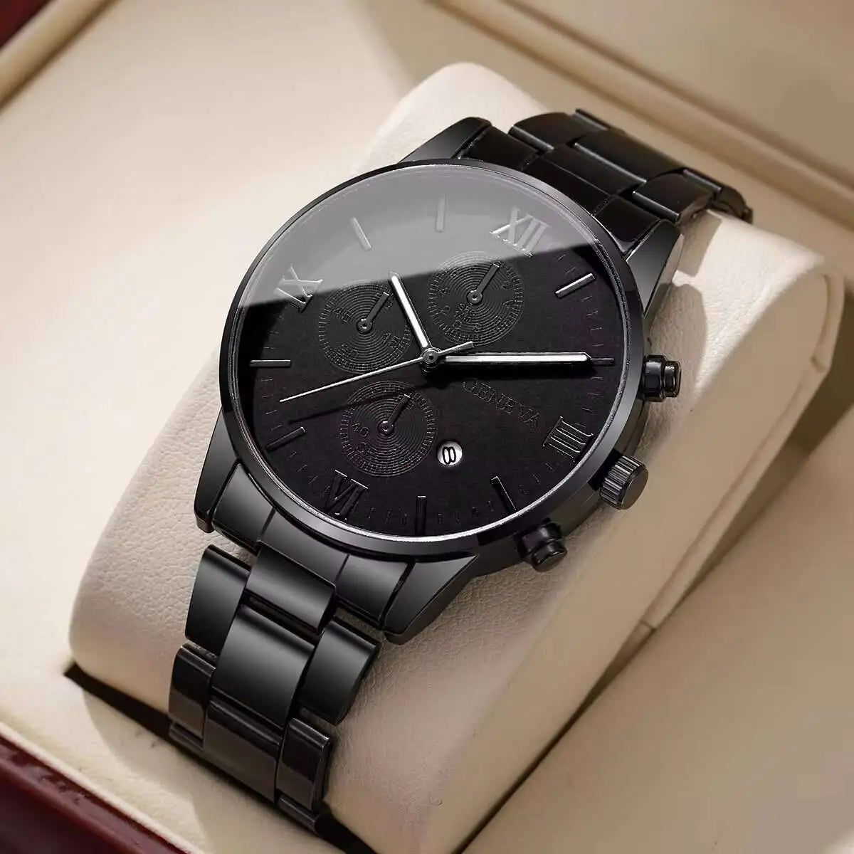Men's fashion business watch with black and white dial featuring Roman numeral markers, by Corporación Turística.