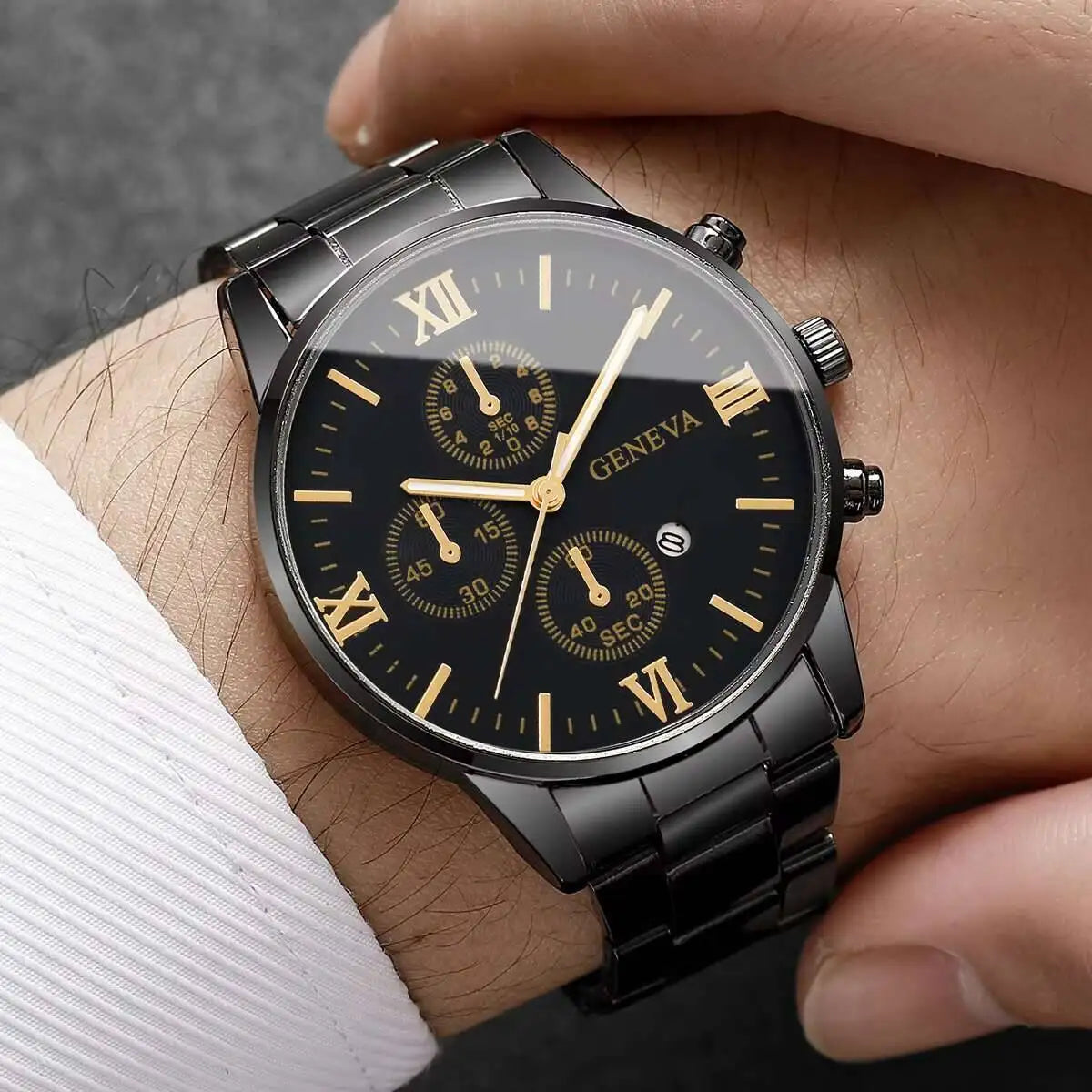 Elegant black and white men's business watch with Roman numeral dial by Corporación Turística, stylish and modern accessory.