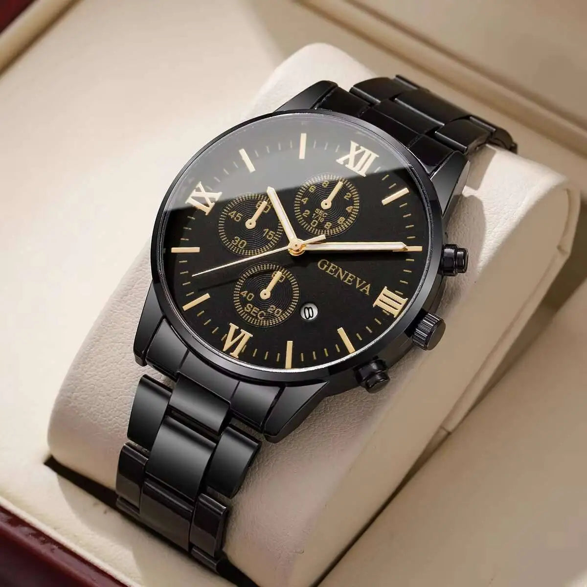 Men's fashion business watch with black dial and Roman numeral markers, featuring a sleek and modern design by Corporación Turística.