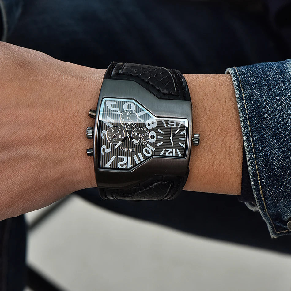 Oulm 1220 large men's quartz watch with dual time zones, black and white dial, and bold design from Corporación Turística.
