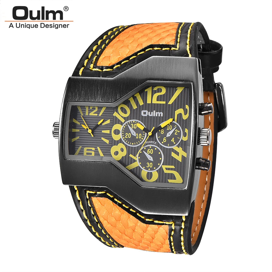 Large black and white Oulm 1220 quartz watch with dual time zones, designed by Corporación Turística.