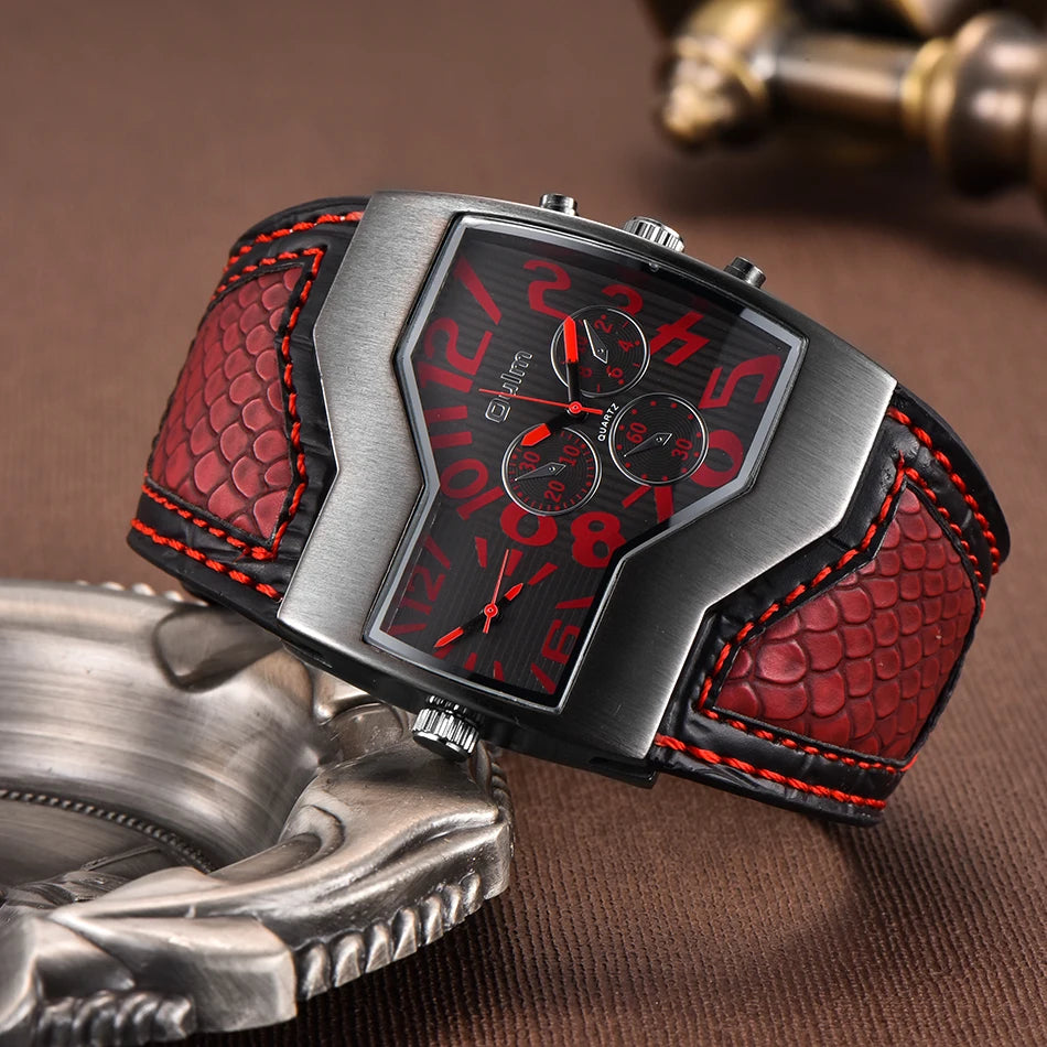 Oulm 1220 large black and white quartz watch with dual time zones, featuring bold dial and sporty design.