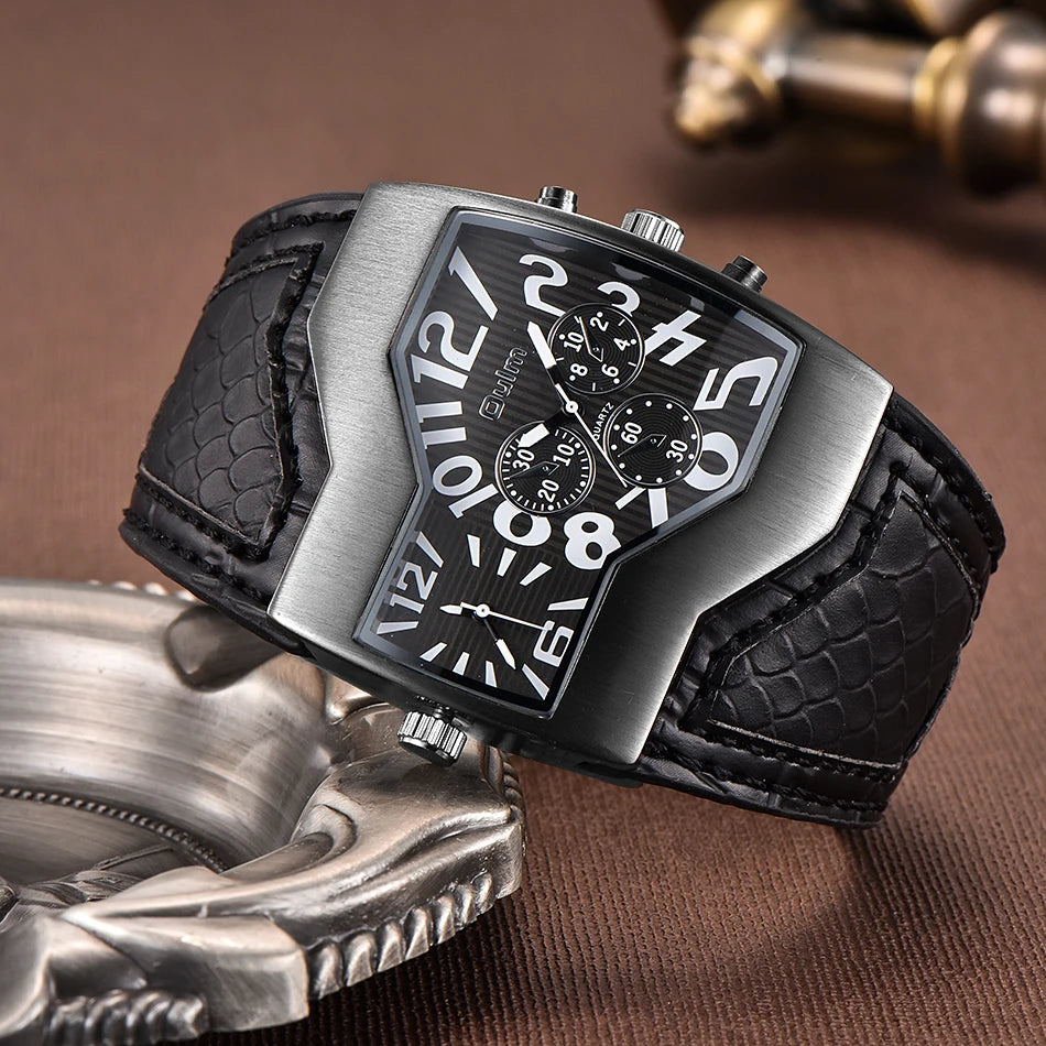 Large black and white Oulm 1220 quartz watch with dual time zones, featuring a bold design and multiple dials.