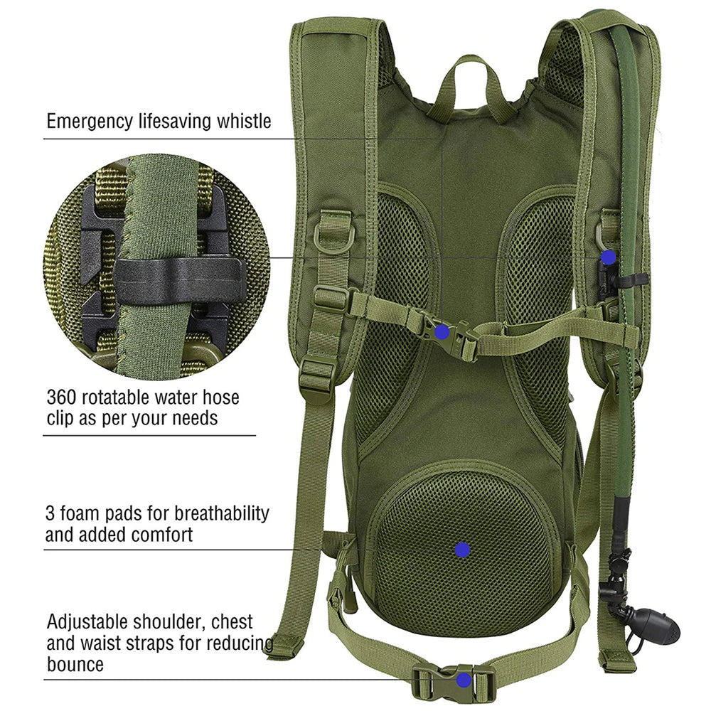 Black 2-in-1 hydration backpack with 3L water bladder from Corporación Turística, featuring adjustable straps and multiple compartments.