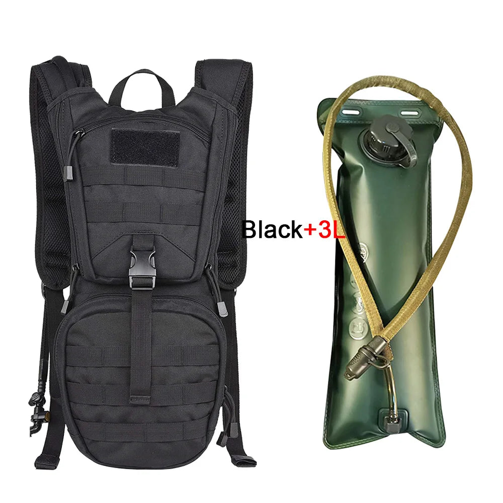 Black 2-in-1 hydration backpack with 3L water bladder by Corporación Turística, featuring adjustable straps and multiple compartments.