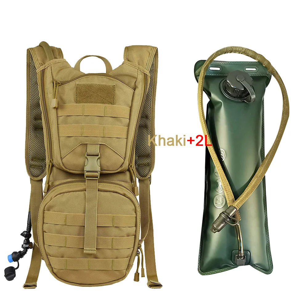 Black 2-in-1 hydration backpack with 3L water bladder from Corporación Turística, featuring adjustable straps and multiple storage compartments.